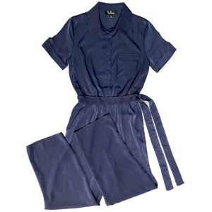 Lulus Jacintha Satin Short Sleeve Jumpsuit in Navy Blue w/ Pockets XS